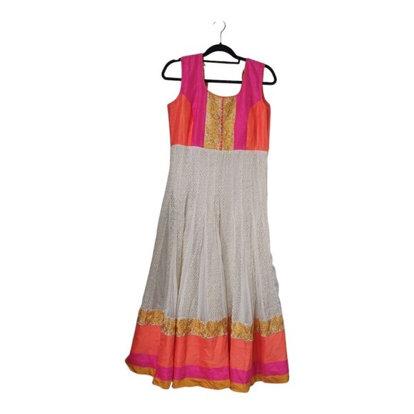 Women's Pink Orange White Embroidered Long Anarkani - Picture 1 of 8